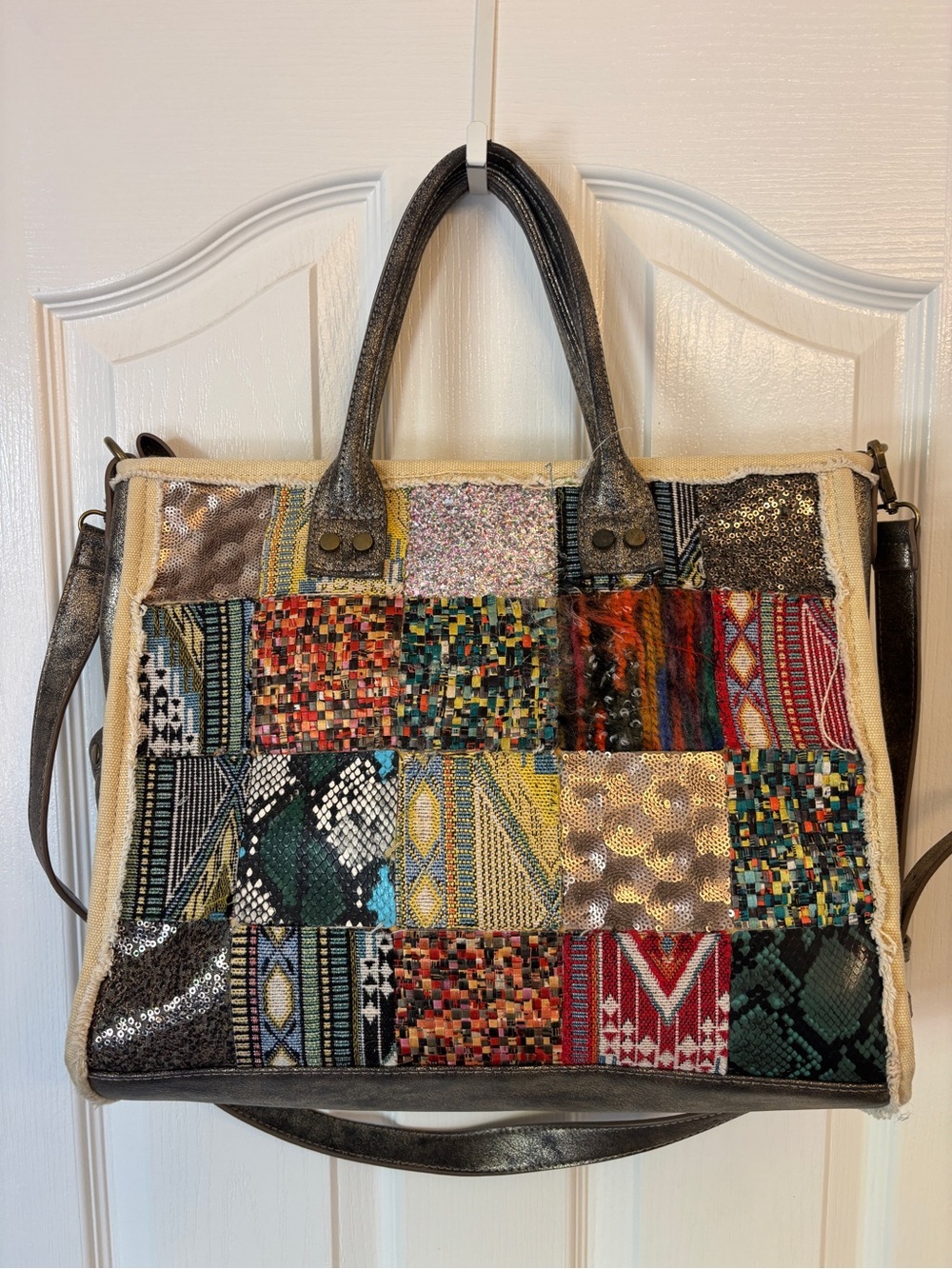 Bohemian, Artsy Tan, Metallic, and Green Patchwork Shoulder Purse or Bag